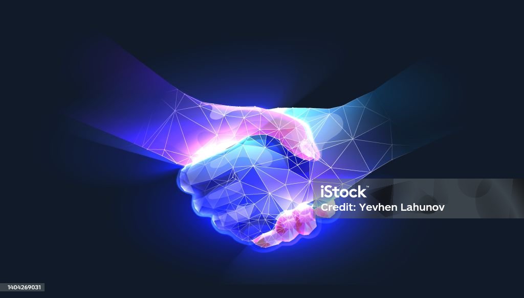 Handshake in digital futuristic style. The concept of partnership, collaboration or teamwork. Vector illustration with light effect and neon